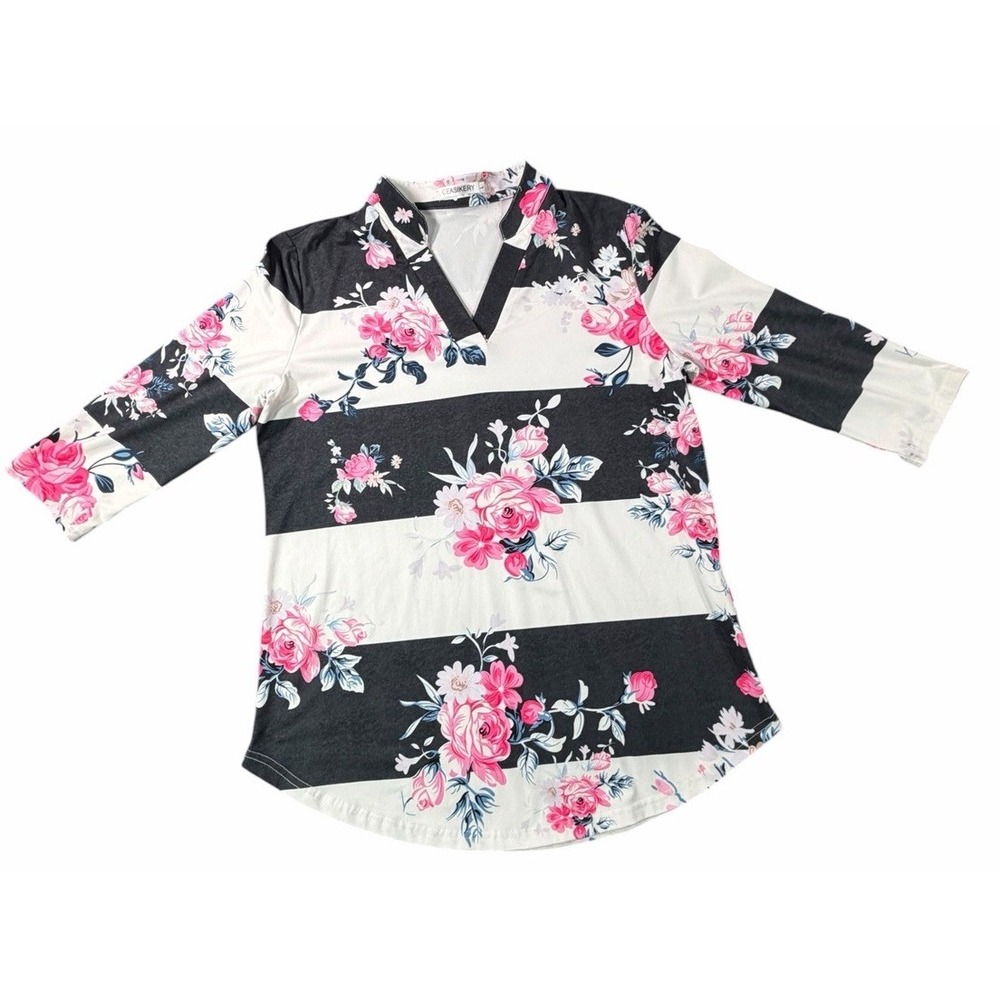 CEASIKERY Women's Large Black White Pink Floral 3/4 Sleeve V Neck Tunic Top